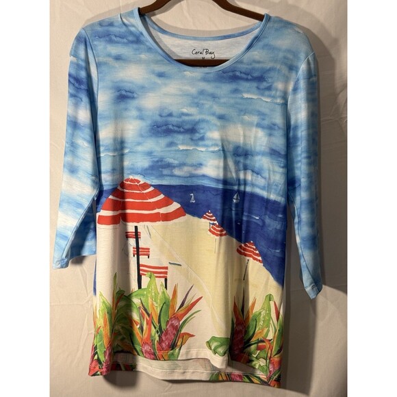 Coral Bay Long Sleeve Multicolor Beach Scene Scoop Neck Sz M - Picture 2 of 7